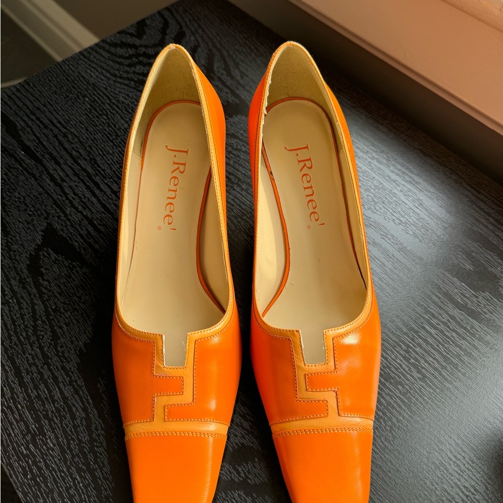 VINTAGE J.Reneé "Flair" Orange Leather Geometric Pumps Square Toe Kitten Heel
